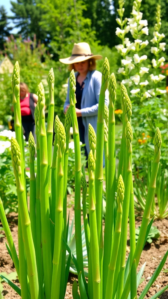 A flourishing asparagus garden with green spears and a gardener inspecting the plants.